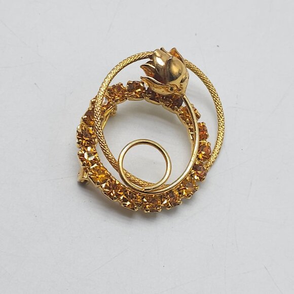 Vintage Gold Tone Brooch Pin With Faux Amber Rhinestones Rose Flower Design - Picture 2 of 4